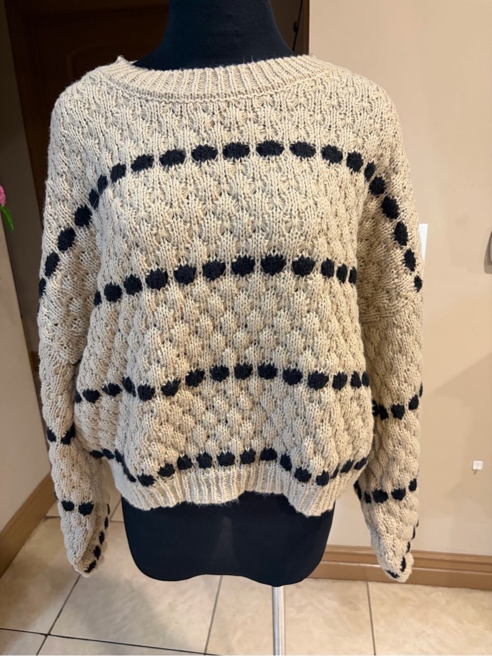 Blu Pepper Cream Sweater with Black Dot Stripes